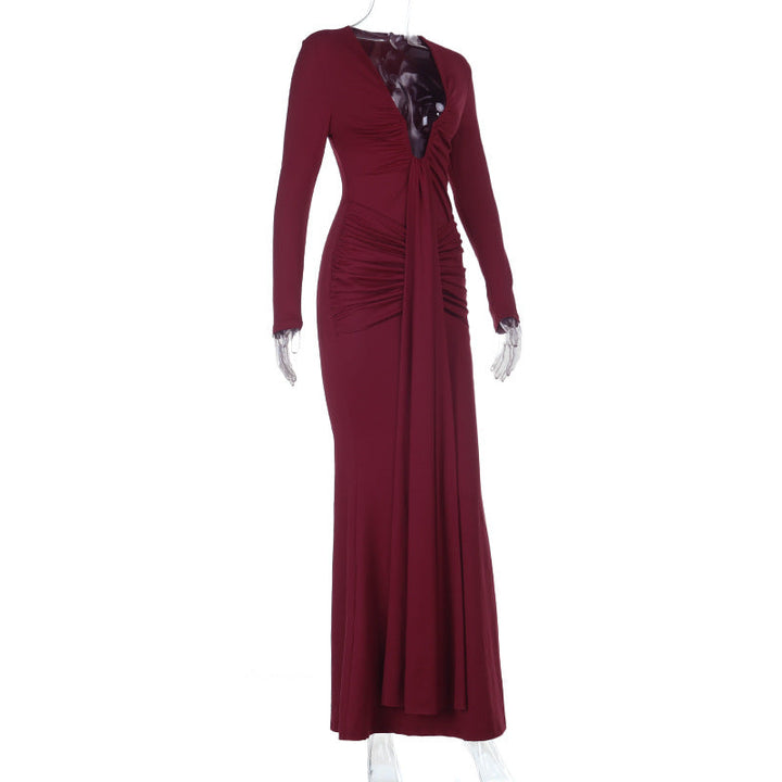 Long sleeve ruched v neck solid maxi dress  | Festival Outfits Women