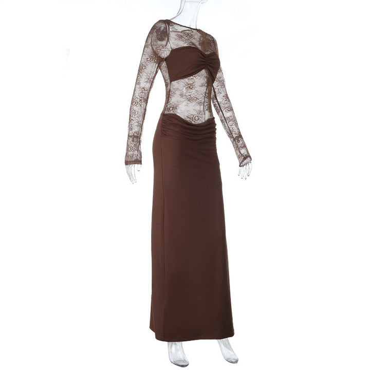 Long sleeve lace patchwork ruched maxi dress  | Festival Outfits Women