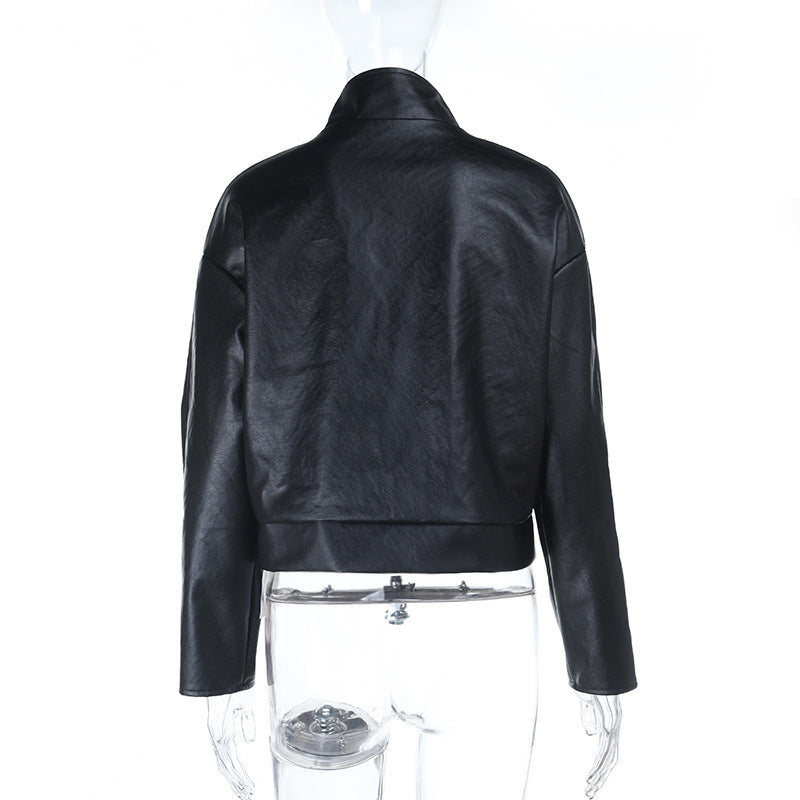 Long sleeve high neck PU leather zip-up coat top  | Festival Outfits Women
