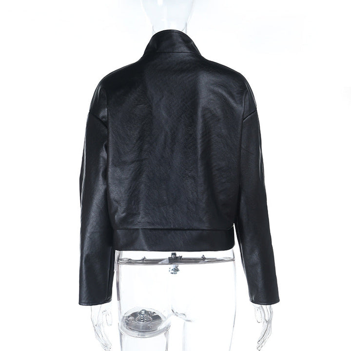 Long sleeve high neck PU leather zip-up coat top  | Festival Outfits Women