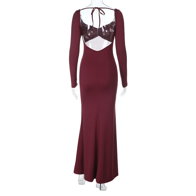 Long sleeve hollow out ruched mesh patchwork cut out maxi dress  | Festival Outfits Women