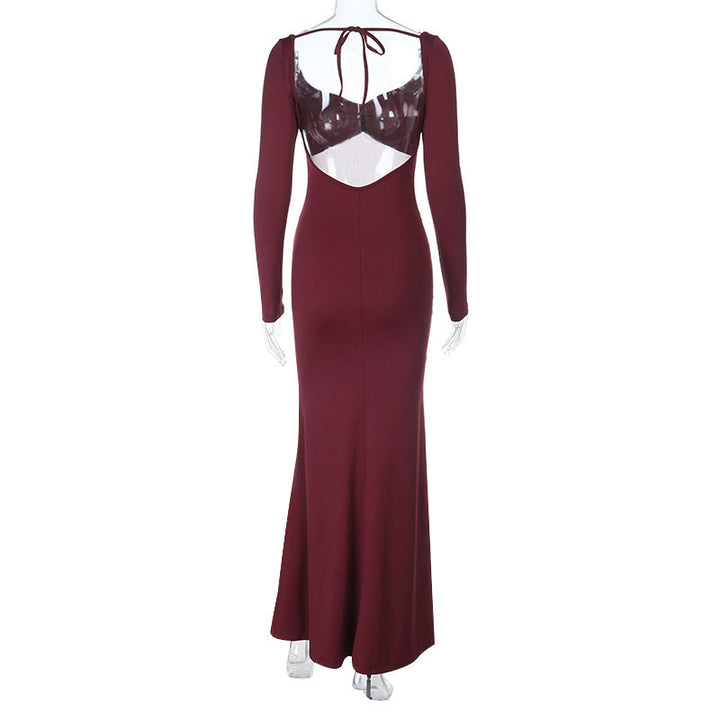 Long sleeve hollow out ruched mesh patchwork cut out maxi dress  | Festival Outfits Women