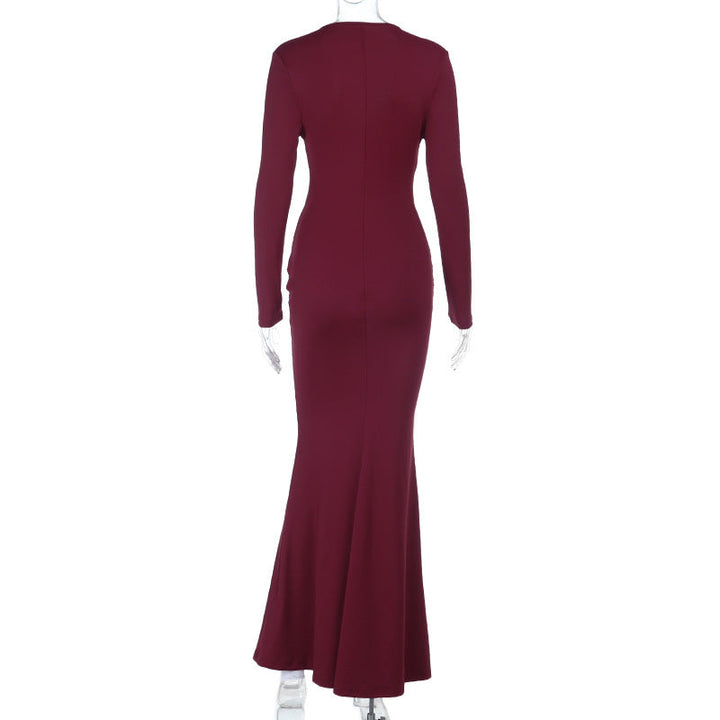 Long sleeve ruched v neck solid maxi dress  | Festival Outfits Women
