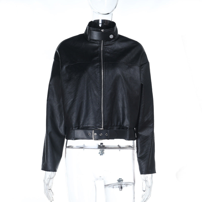 Long sleeve high neck PU leather zip-up coat top  | Festival Outfits Women