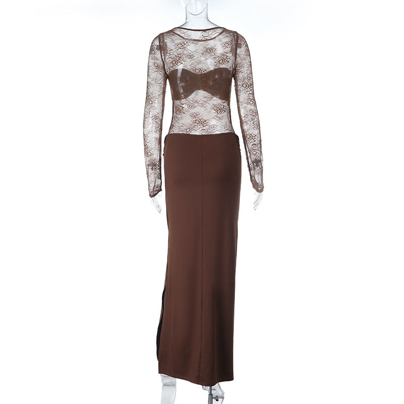 Long sleeve lace patchwork ruched maxi dress  | Festival Outfits Women