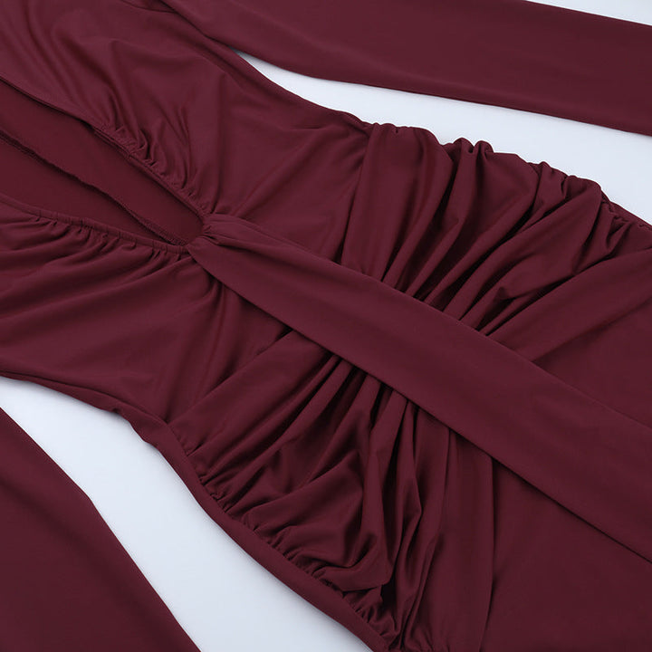 Long sleeve ruched v neck solid maxi dress  | Festival Outfits Women