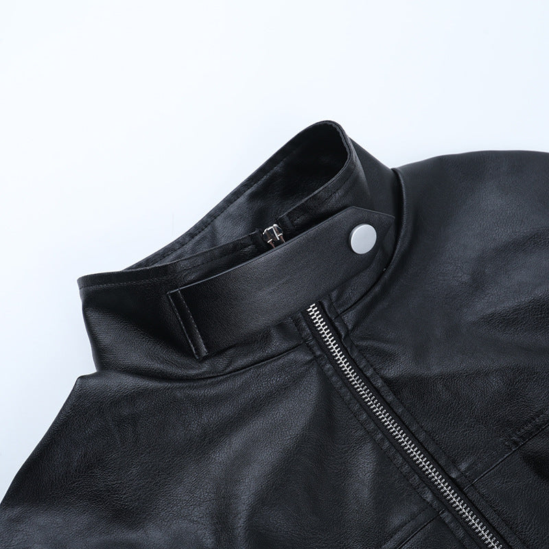 Long sleeve high neck PU leather zip-up coat top  | Festival Outfits Women