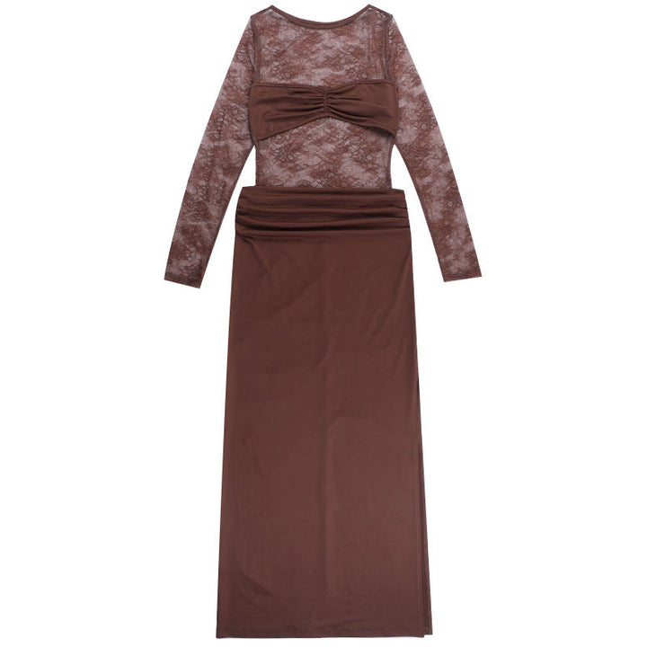 Long sleeve lace patchwork ruched maxi dress  | Festival Outfits Women