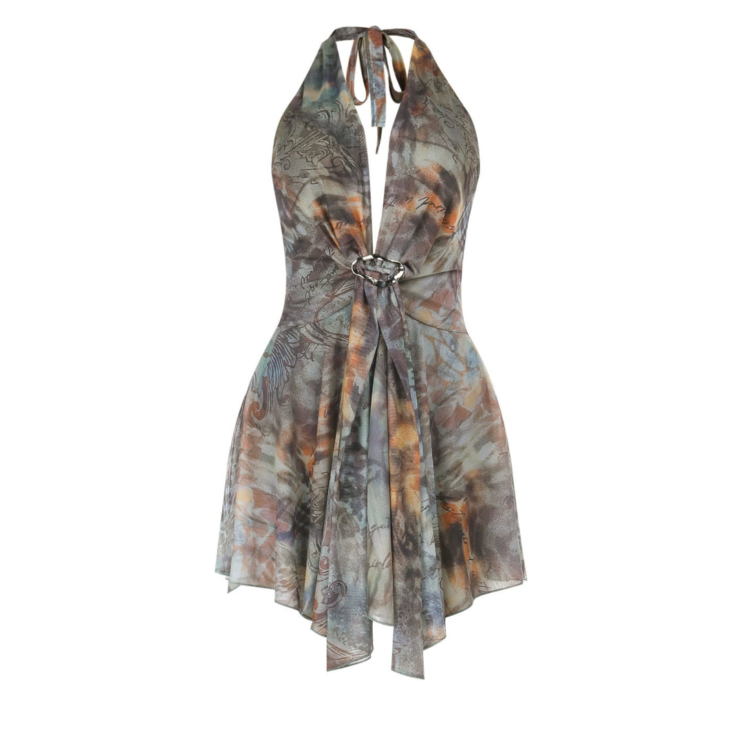 Halter v neck mesh contrast ruffle mini dress  | Festival Outfits Women