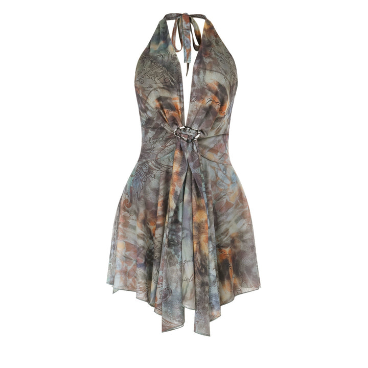 Halter v neck mesh contrast ruffle mini dress  | Festival Outfits Women