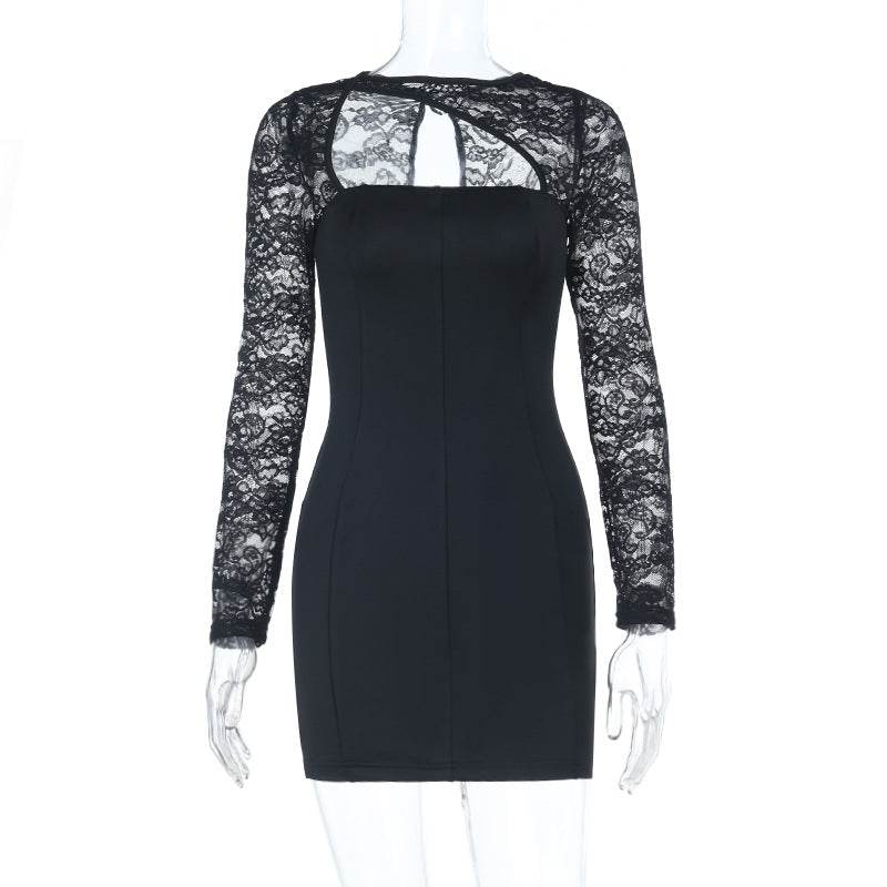 Long sleeve lace patchwork hollow out cut out mini dress  | Festival Outfits Women