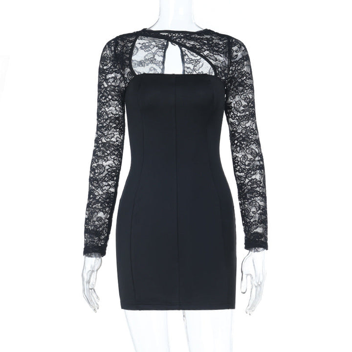 Long sleeve lace patchwork hollow out cut out mini dress  | Festival Outfits Women