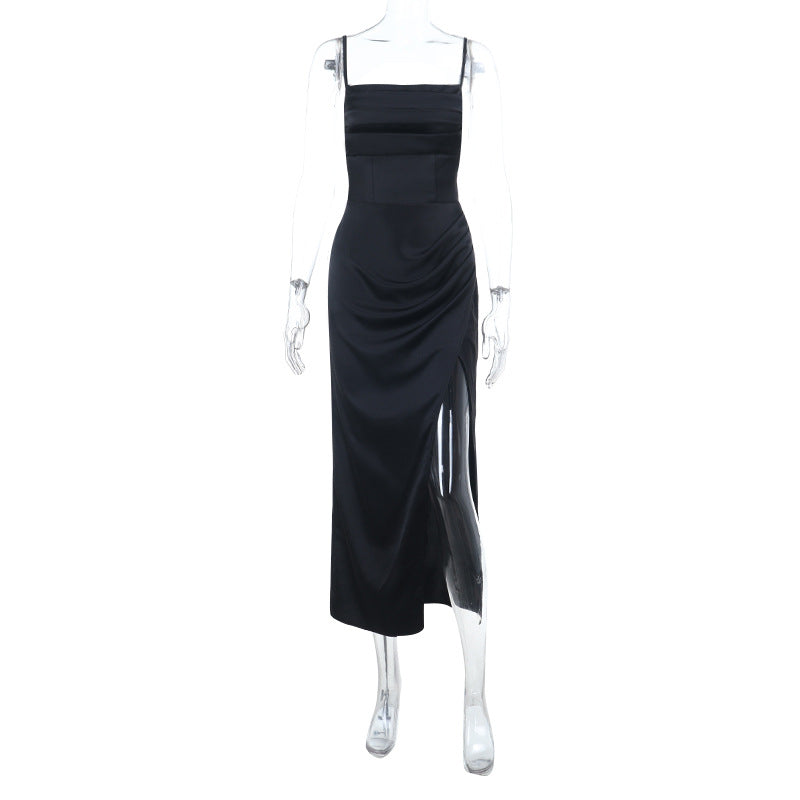 Square neck high slit ruched cami maxi dress  | Festival Outfits Women