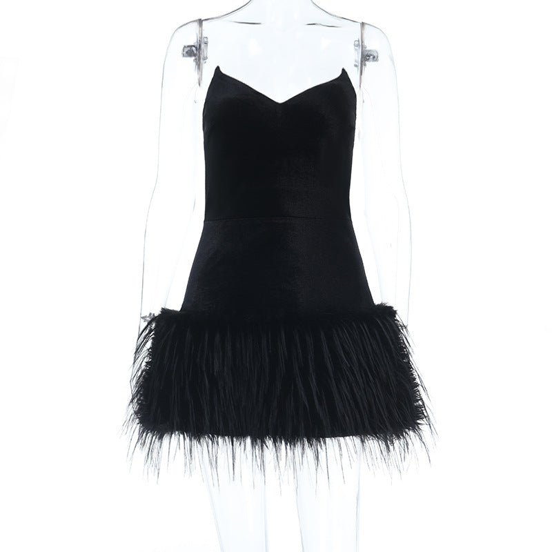 V neck fluffy velvet zip-up mini dress  | Festival Outfits Women