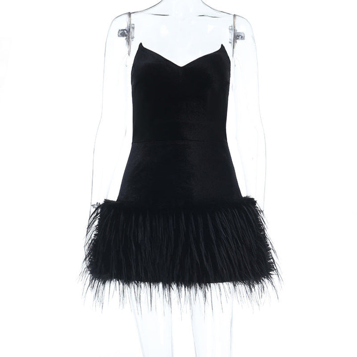 V neck fluffy velvet zip-up mini dress  | Festival Outfits Women