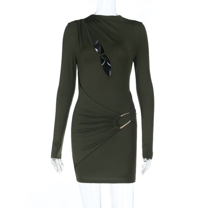 Long sleeve hollow out crewneck solid cut out mini dress  | Festival Outfits Women