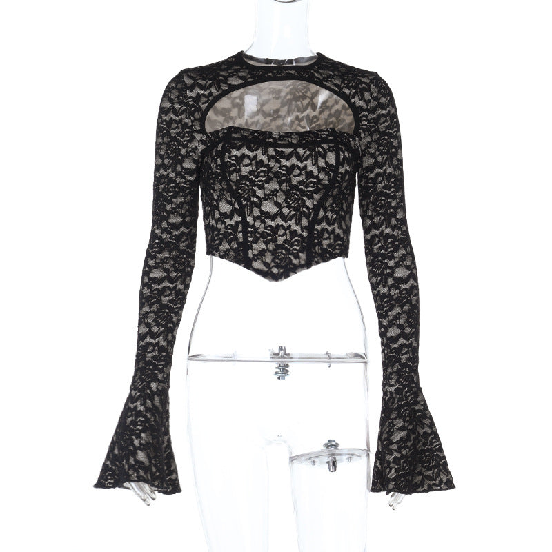 Long flared sleeve crewneck lace hollow out cut out top  | Festival Outfits Women
