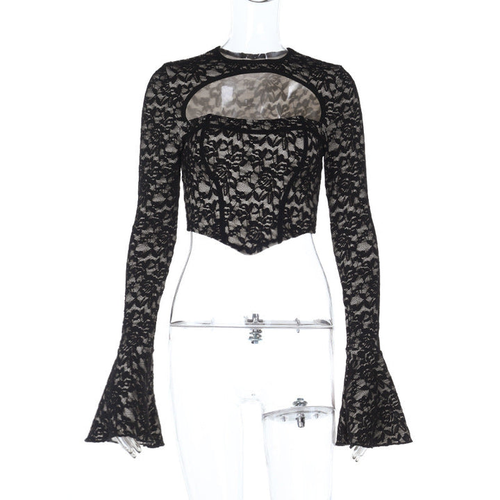 Long flared sleeve crewneck lace hollow out cut out top  | Festival Outfits Women
