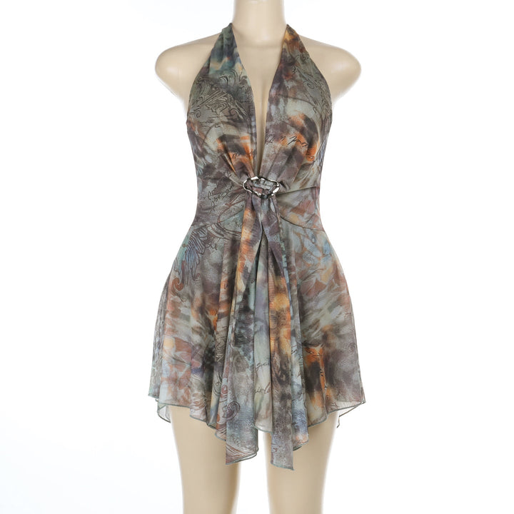 Halter v neck mesh contrast ruffle mini dress  | Festival Outfits Women