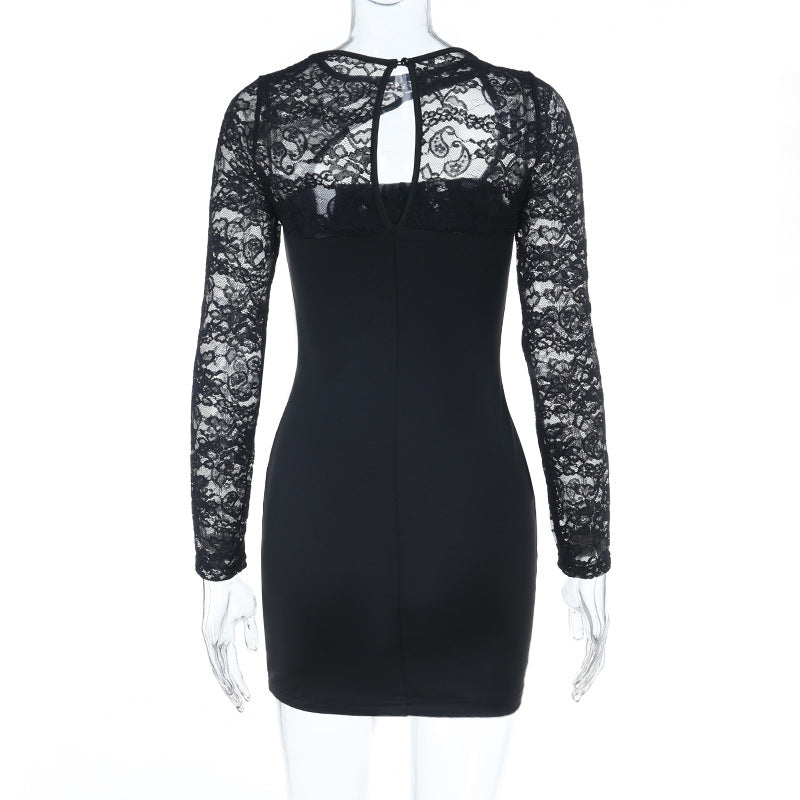Long sleeve lace patchwork hollow out cut out mini dress  | Festival Outfits Women