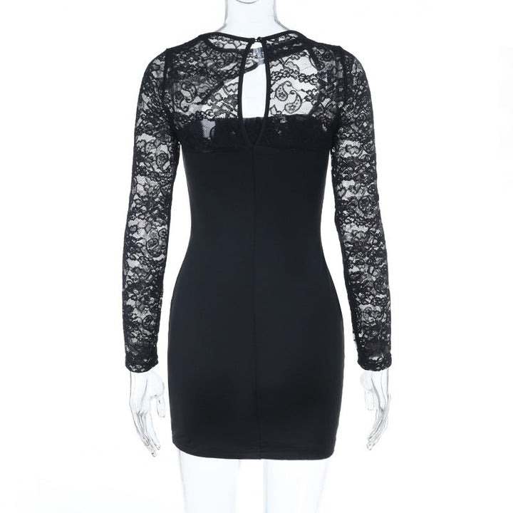Long sleeve lace patchwork hollow out cut out mini dress  | Festival Outfits Women