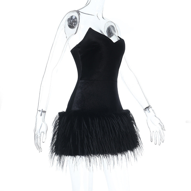 V neck fluffy velvet zip-up mini dress  | Festival Outfits Women