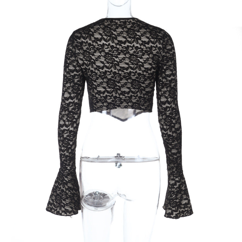 Long flared sleeve crewneck lace hollow out cut out top  | Festival Outfits Women