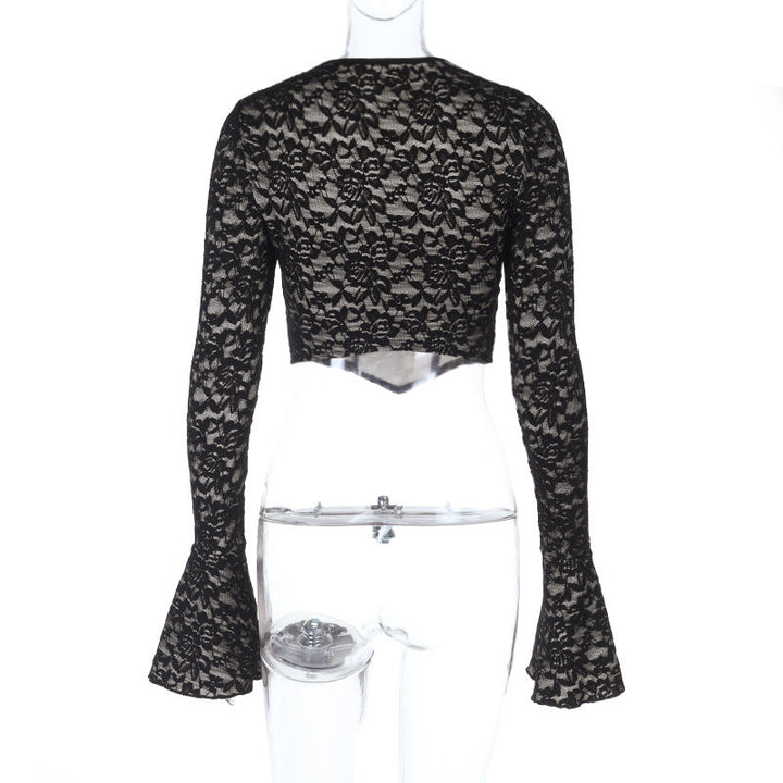 Long flared sleeve crewneck lace hollow out cut out top  | Festival Outfits Women