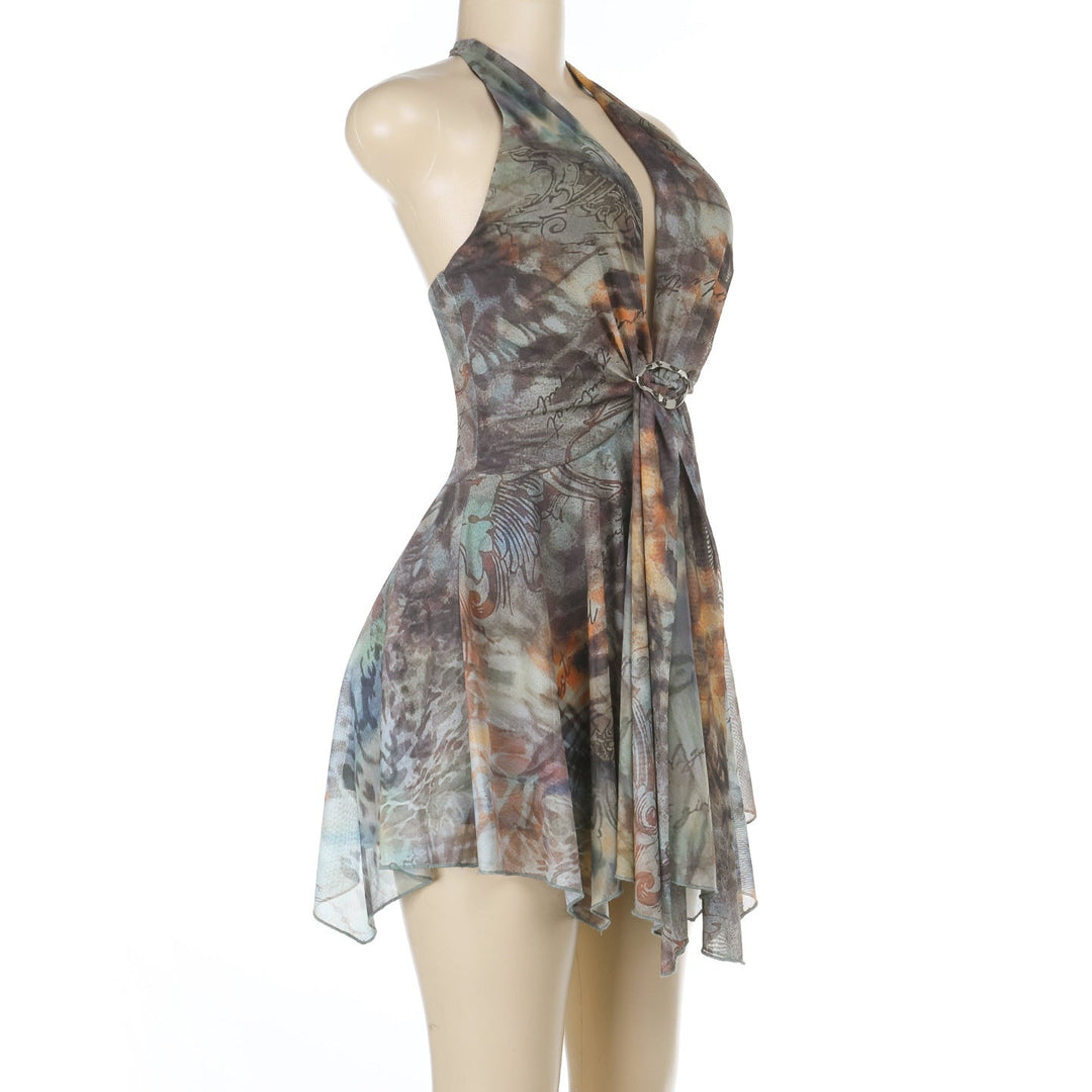 Halter v neck mesh contrast ruffle mini dress  | Festival Outfits Women