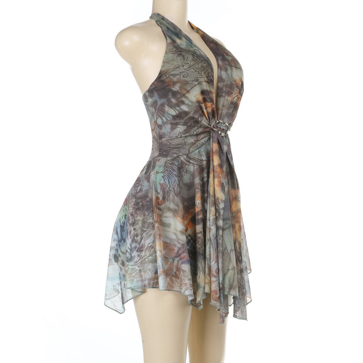 Halter v neck mesh contrast ruffle mini dress  | Festival Outfits Women