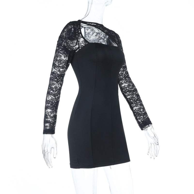 Long sleeve lace patchwork hollow out cut out mini dress  | Festival Outfits Women