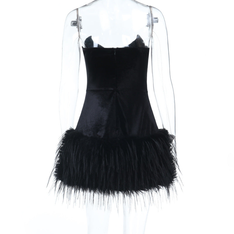 V neck fluffy velvet zip-up mini dress  | Festival Outfits Women