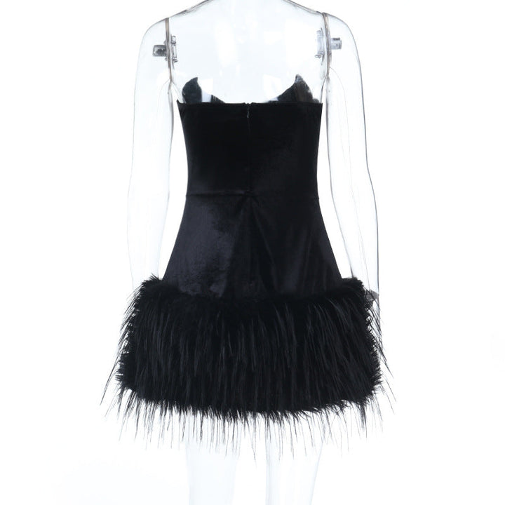 V neck fluffy velvet zip-up mini dress  | Festival Outfits Women