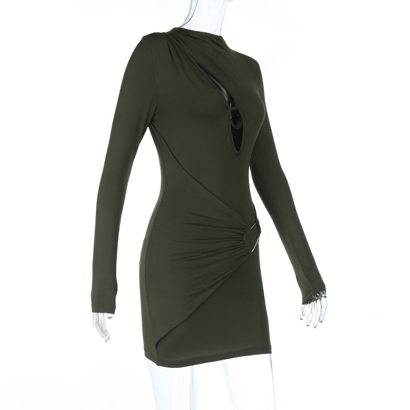 Long sleeve hollow out crewneck solid cut out mini dress  | Festival Outfits Women