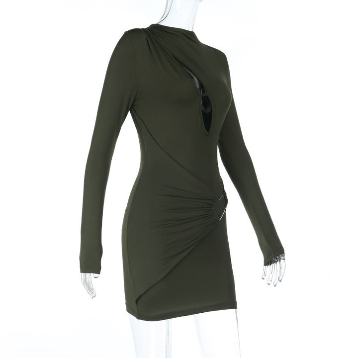 Long sleeve hollow out crewneck solid cut out mini dress  | Festival Outfits Women