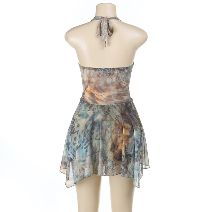 Halter v neck mesh contrast ruffle mini dress  | Festival Outfits Women