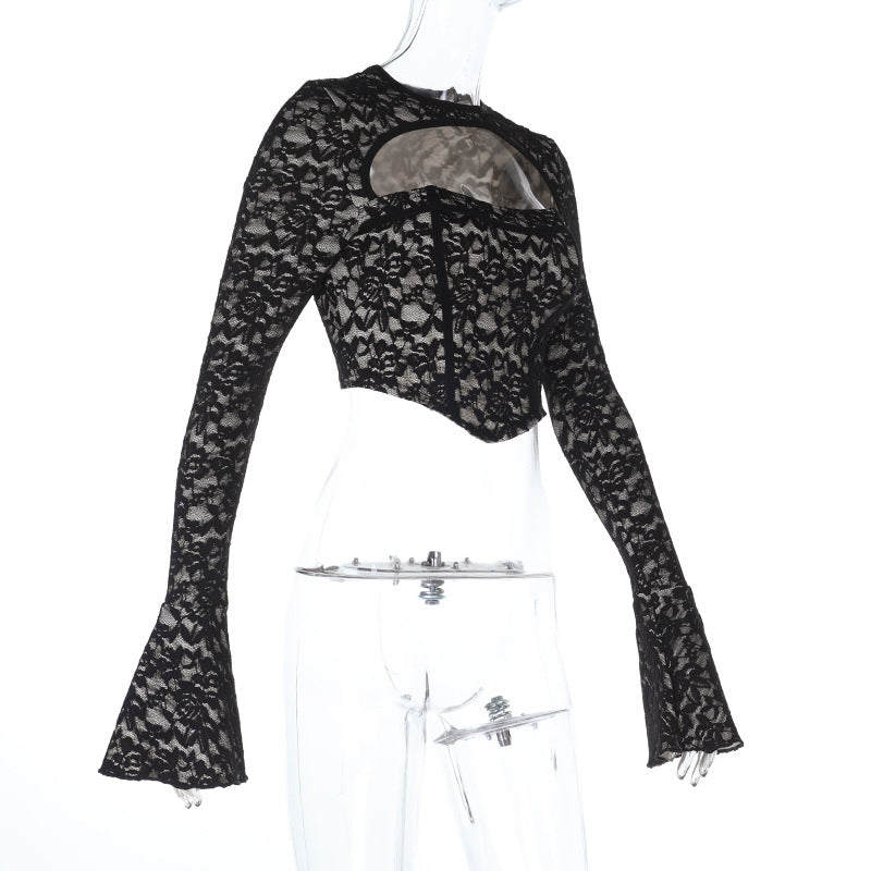 Long flared sleeve crewneck lace hollow out cut out top  | Festival Outfits Women
