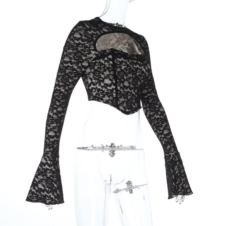 Long flared sleeve crewneck lace hollow out cut out top  | Festival Outfits Women