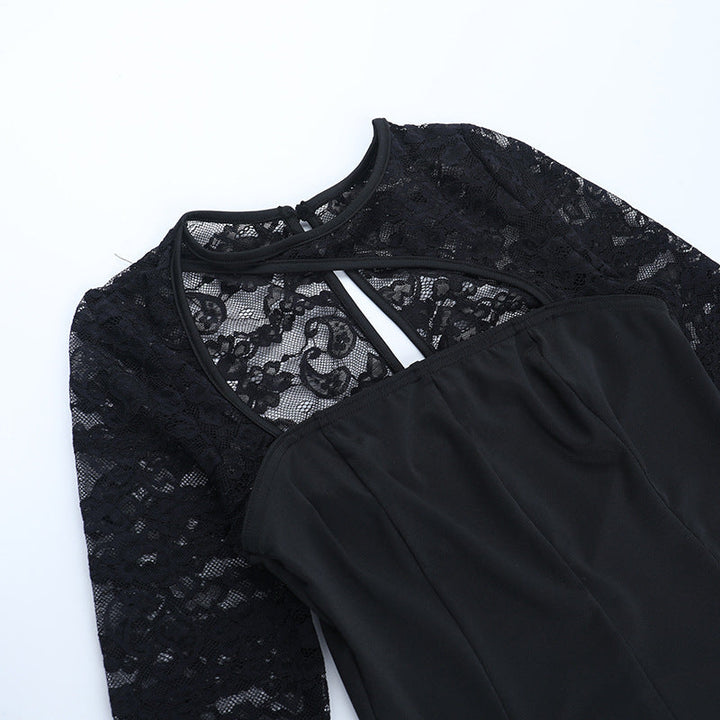 Long sleeve lace patchwork hollow out cut out mini dress  | Festival Outfits Women