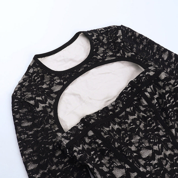 Long flared sleeve crewneck lace hollow out cut out top  | Festival Outfits Women