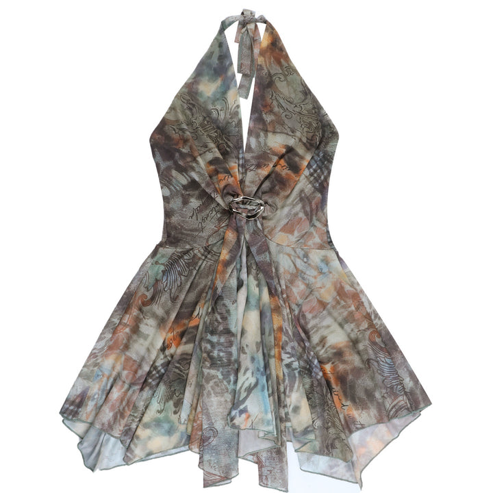 Halter v neck mesh contrast ruffle mini dress  | Festival Outfits Women