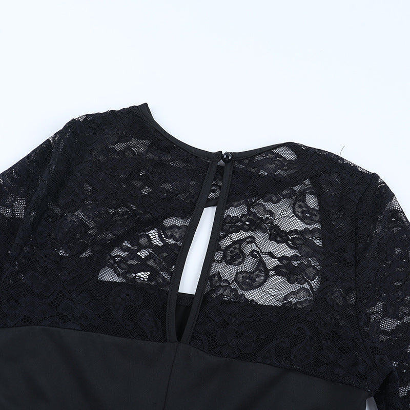 Long sleeve lace patchwork hollow out cut out mini dress  | Festival Outfits Women
