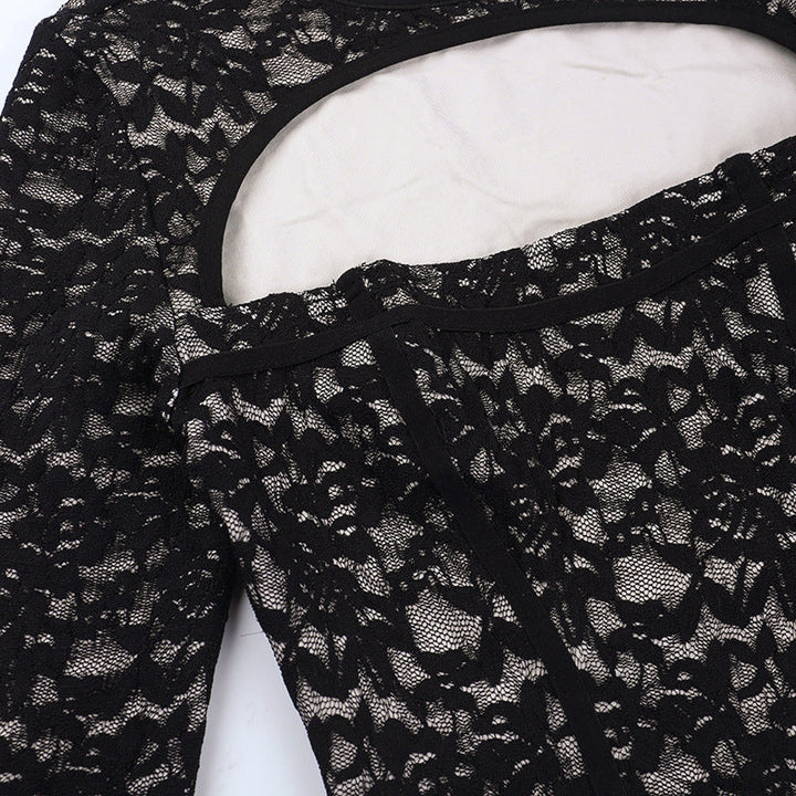 Long flared sleeve crewneck lace hollow out cut out top  | Festival Outfits Women