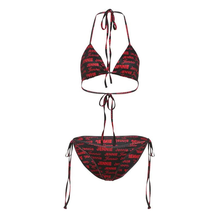 Halter self tie v neck letter print bikini swimwear