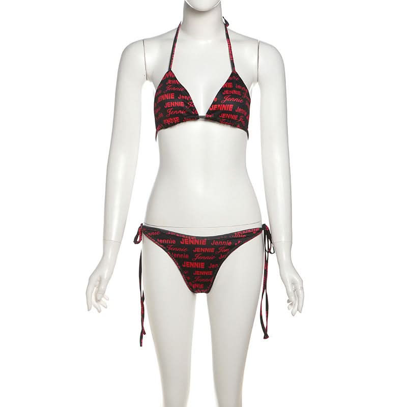 Halter self tie v neck letter print bikini swimwear