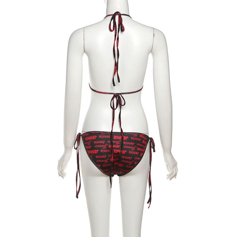 Halter self tie v neck letter print bikini swimwear
