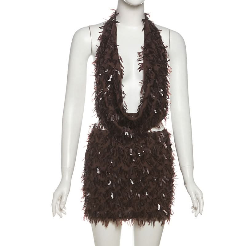 Glitter cowl neck halter backless mini skirt set  | Festival Outfits Women