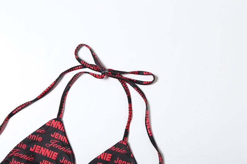 Halter self tie v neck letter print bikini swimwear