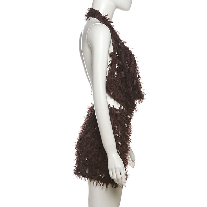 Glitter cowl neck halter backless mini skirt set  | Festival Outfits Women