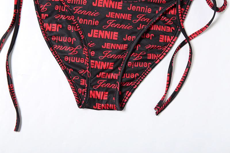 Halter self tie v neck letter print bikini swimwear